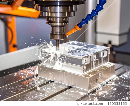 CNC milling machine processing on steel with cooling CNC milling machine processing on steel with cooling 130335163
