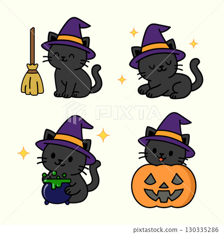 Cute black Halloween cat illustration set same character in different poses 130335286