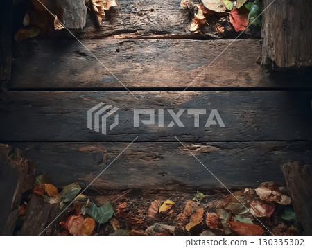 Background material of an old wooden floor covered with dead leaves (autumn atmosphere) 130335302