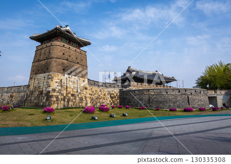 Summer at Suwon Old city wall at Hwaseong Fortress, Traditional Architecture of Korea at Suwon, South Korea. Summer at Suwon Old city wall at Hwaseong Fortress, Traditional Architecture of Korea at Suwon, South Korea. 130335308