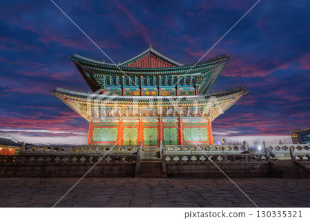 Gyeongbokgung Palace at Night and beautiful lights, Seoul, South Korea. 130335321