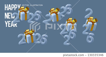 Set of 2026 New Year numbers with gift box. 130335346