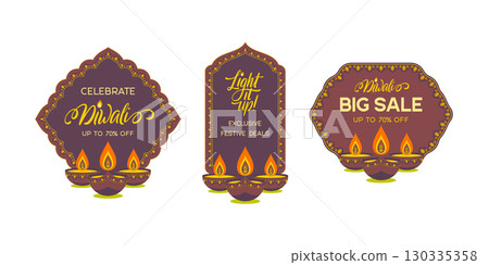 Set of Indian banners with diya for Diwali Sale and Discount. 130335358