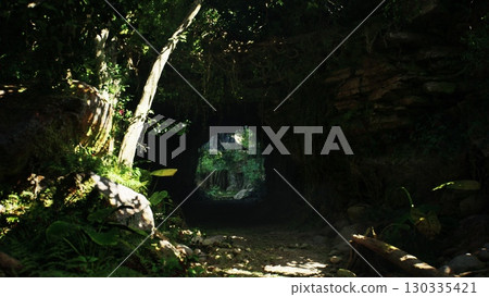 A tunnel cuts through a dense, green forest in Indonesia, providing a unique pathway through the natural landscape. 130335421