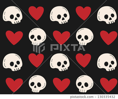 Cute skull and heart pattern. Flat style vector illustration Cute skull and heart pattern. Flat style vector illustration 130335432
