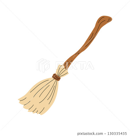 Hand-drawn witch's broom. Halloween design. Isolated white background. Flat-style vector illustration 130335435