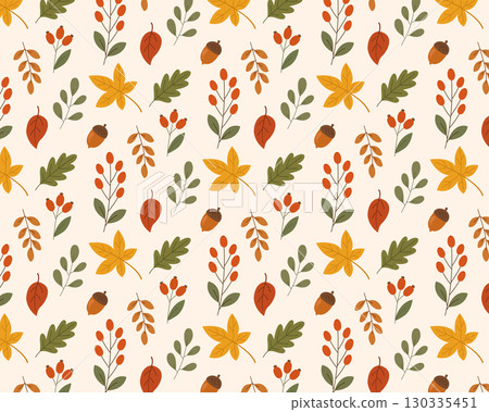 Autumn pattern made of leaves, berries, and mushrooms. Vector illustration 130335451