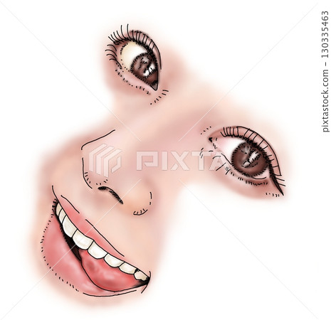 鋼筆畫插圖：一位伸出舌頭微笑的女人 130335463