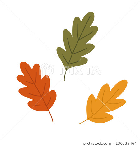 Set of leaves in different colours. Cute leaves drawn by hand. Cosy autumn design. Vector illustration. Set of leaves in different colours. Cute leaves drawn by hand. Cosy autumn design. Vector illustration. 130335464