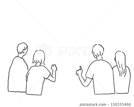 Two pairs of men and women from behind, line drawing 130335498