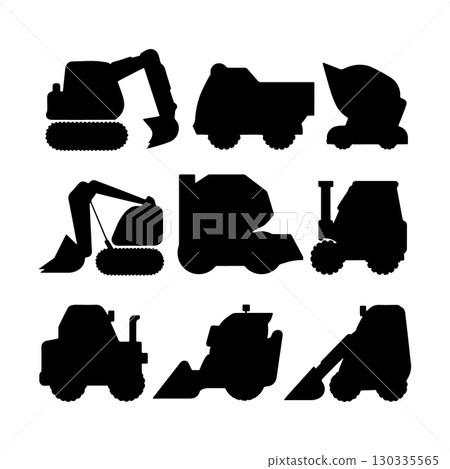 Construction vehicles in silhouette displaying various machinery types on a plain background 130335565