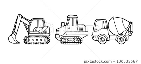 Construction vehicles such as an excavator, bulldozer, and cement mixer on a simple background Construction vehicles such as an excavator, bulldozer, and cement mixer on a simple background 130335567
