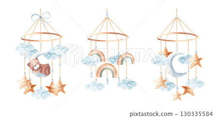 Watercolor baby cradle Mobile Set with cute teddy bear, rainbows and moon with clouds and stars. Hand drawn illustration in pastel colors of kids hanging toy. For greeting cards, gender reveal, its a 130335584