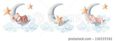 Watercolor cute baby night compositions set. Rabbit, teddy bear or star sleep on the moon with clouds. Hand drawn illustration in vintage style for a boy and a girl. Watercolor cute baby night compositions set. Rabbit, teddy bear or star sleep on the moon with clouds. Hand drawn illustration in vintage style for a boy and a girl. 130335592
