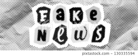 Halftone fake news background. Comic style text collage on crumpled paper. Retro pixel concept of false facts, misinformation, propaganda, post truth, misconception. Vintage newspaper backdrop. Vector 130335594
