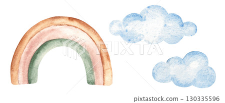 Set of Rainbow and Clouds. Hand drawn Watercolor illustration isolated on a white background. Design Elements for kids goods, kid's shop, cards and posters. 130335596