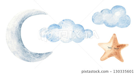Baby Night Set of Crescent Moon, cute Star and Clouds. Hand drawn Watercolor illustration isolated on a white background. Kids design elements. For newborn goods, prints, cards or invitations 130335601