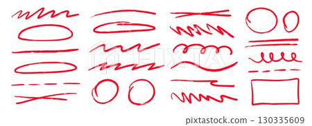 Red hand drawn shapes and lines set. Sketched geometric frames and stripes collection. Zig zag and wavy scribble pack. Marker note signs for mark, emphasis, accent, highlight. Vector doodled borders Red hand drawn shapes and lines set. Sketched geometric frames and stripes collection. Zig zag and wavy scribble pack. Marker note signs for mark, emphasis, accent, highlight. Vector doodled borders 130335609