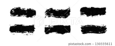 Halftone grunge brush stroke collection. Rough textured grainy dirty stripe set. Gritty distressed elements for text box, banner, poster, label, badge, collage, frame, border. Vector paint stain pack 130335611