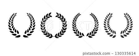 Black retro laurel wreath collection. Circle winner trophy decor elements for emblem, label, badge, award banner. Round branches with leaves set. Vintage Greek olive foliate ornaments pack. Vector 130335614
