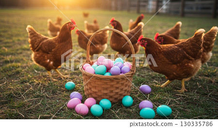 colorful easter eggs on the farm 130335786