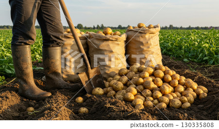 Manual potato harvesting on a farm, with freshly dug potatoes and a farmer in boots standing next to sacks. 130335808