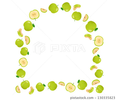 水彩風格青蘋果拱形框架。清爽的水果設計，適用於秋季食品包裝和海報。 130335823