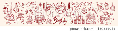 Birthday party doodle illustration set, hand drawn holiday decoration icon, festive cake dessert.  130335914