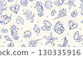Ocean seamless pattern, vector doodle sea shell hand drawn texture, nautical whimsical background.  130335916