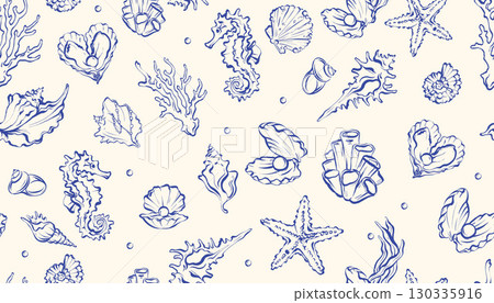 Ocean seamless pattern, vector doodle sea shell hand drawn texture, nautical whimsical background.  130335916