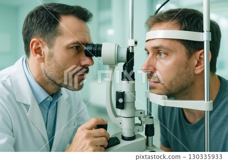 Ophthalmologist examining patient eye with slit lamp 130335933