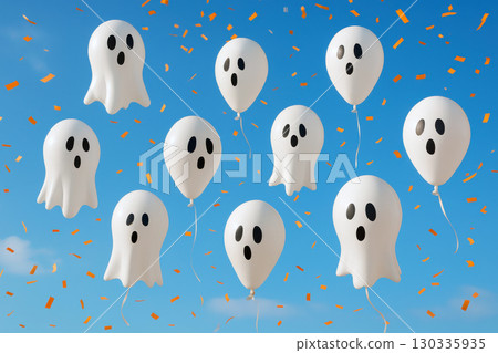 Ghost balloons floating in blue sky 130335935