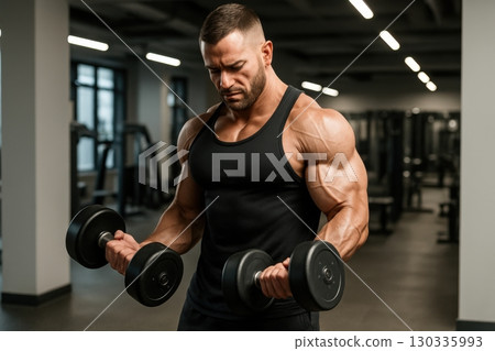 Strong man lifting dumbbells Strong man lifting dumbbells 130335993