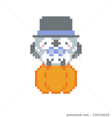南瓜、高頂禮帽和灰色貓頭鷹的像素藝術 130336028