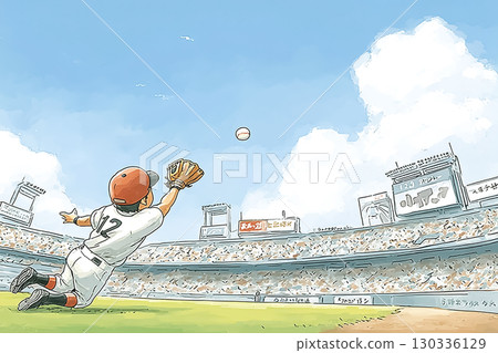 The moment an outfielder catches a flying baseball 130336129