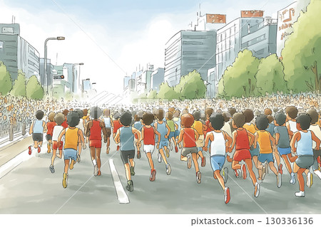 多名跑者並肩奔跑的馬拉松場景 130336136