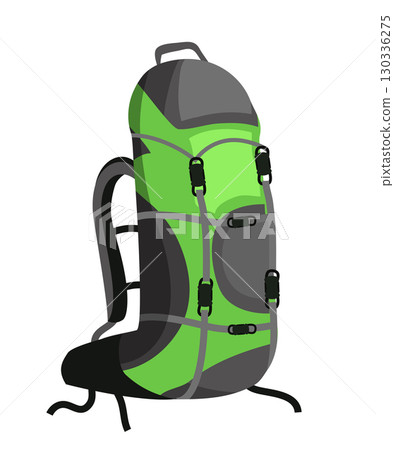Hiking green backpack. Camping gear isolated on transparent background. Tourist accessory. Green travel rucksack with sleeping bag. Hike knapsacks. Trekking equipment. Flat vector illustration 130336275