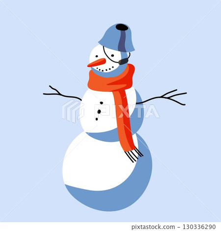 Snowman wearing a blue hat and orange scarf stands cheerfully against a light blue background during winter festivities 130336290