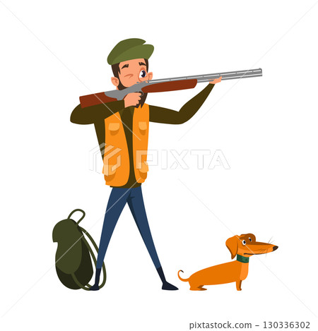 Hunting with gun dog flat illustration. Young hunter preparing to shoot cartoon character. Man aiming, holding rifle. Nature recreation, outdoor hobby, leisure Hunting with gun dog flat illustration. Young hunter preparing to shoot cartoon character. Man aiming, holding rifle. Nature recreation, outdoor hobby, leisure 130336302