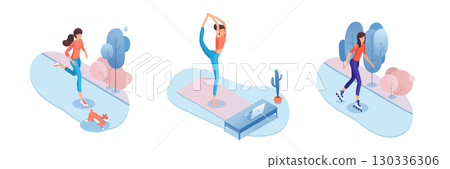 Woman leisure activities. Active lifestyle of young female person. Spa procedure, home yoga, fitness exercise. Outdoor roller skating, morning jogging. Flat vector illustration 130336306