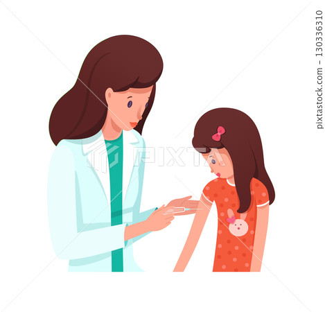Preventive vaccination for children at hospital. Doctor vaccinating girl child. Pediatrician making injection. Medical treatment, disease prevention, healthcare and immunize. Vector illustration Preventive vaccination for children at hospital. Doctor vaccinating girl child. Pediatrician making injection. Medical treatment, disease prevention, healthcare and immunize. Vector illustration 130336310