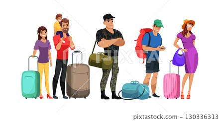 People queue at registration. Check in process. Administrator receptionist sitting at desk counter and checking passenger document for flight. Passport control. Airport terminal interior People queue at registration. Check in process. Administrator receptionist sitting at desk counter and checking passenger document for flight. Passport control. Airport terminal interior 130336313