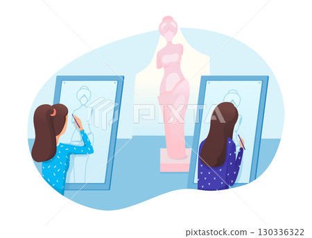 Artists drawing a picture. Lesson in art studio. Talented female students drawing statue sketch. Artist training courses, education. Cartoon vector illustration 130336322