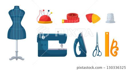 Set of sewing and tailoring tools including dress form mannequin, sewing machine, iron, scissors, measuring tape, chalk, thimble, ruler, pin cushion. Flat vector illustrations for fashion industry 130336325