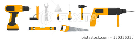 Set of construction and repair tools including drills, hammer, saw, wrench, screwdriver, trowel, level. Vector illustration of handyman equipment in yellow and black colors isolated on transparent 130336333