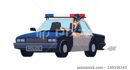Smiling police officer driving classic black and white patrol car with red and blue emergency lights. Traffic policeman. Cartoon vector illustration Smiling police officer driving classic black and white patrol car with red and blue emergency lights. Traffic policeman. Cartoon vector illustration 130336343