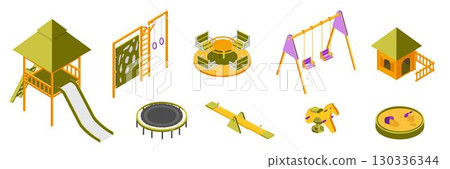 Kids playground isometric vector illustrations set. Children amusement park objects collection. Carousel, rocking horse, swing, slide, trampoline, sandbox and seesaw. Childish outdoor entertainment Kids playground isometric vector illustrations set. Children amusement park objects collection. Carousel, rocking horse, swing, slide, trampoline, sandbox and seesaw. Childish outdoor entertainment 130336344