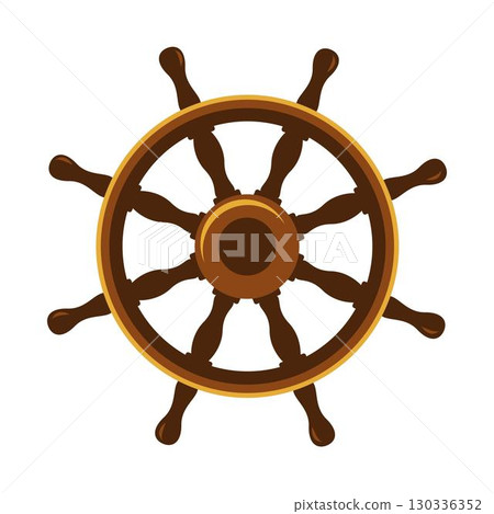 Wooden ship wheel with classic maritime design featuring eight spokes and golden rim. Classic helm for steering sailing vessels. Navigation, adventure and pirate design. Cartoon vector illustration Wooden ship wheel with classic maritime design featuring eight spokes and golden rim. Classic helm for steering sailing vessels. Navigation, adventure and pirate design. Cartoon vector illustration 130336352