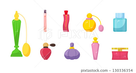 Parfum bottles set. Collection of decorative perfume bottles on transparent background in various shapes and colors. Cosmetic products aroma essence in glass packages. Cartoon vector illustrations 130336354