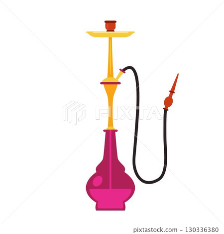 Colorful hookah with pink and gold design, black hose, red mouthpiece. Traditional shisha pipe for smoking, lounge, relaxation, and Middle Eastern culture themes. Flat vector illustration 130336380